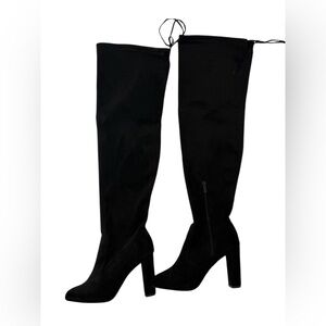 Black Faux Suede Over-the-Knee Block Heel Boots Zipper & Adjustable Tie Thighs